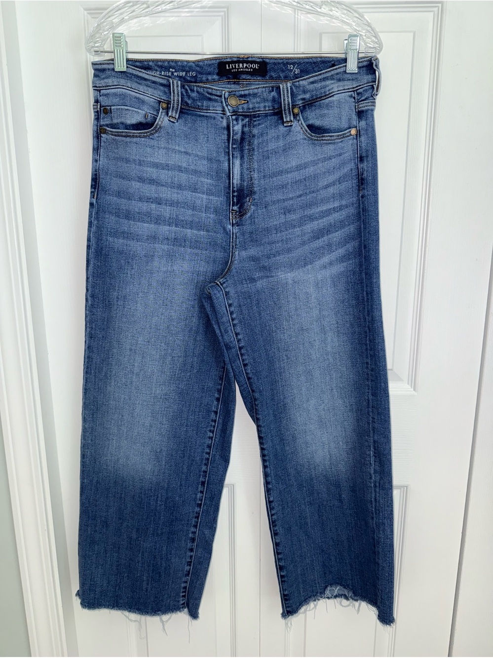 Liverpool woman’s high-rise Wide-Leg raw hem cropped Jeans in Dark‎ Blue 12/31 - Picture 3 of 16